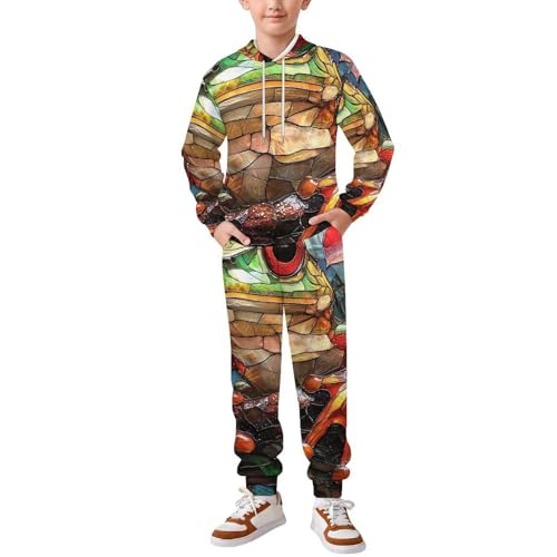 Boys Girls Sweatshirt Set Kid 2 Piece Pullover Hoodie Jogger Sweatpants, Frog Stained Glass Art
