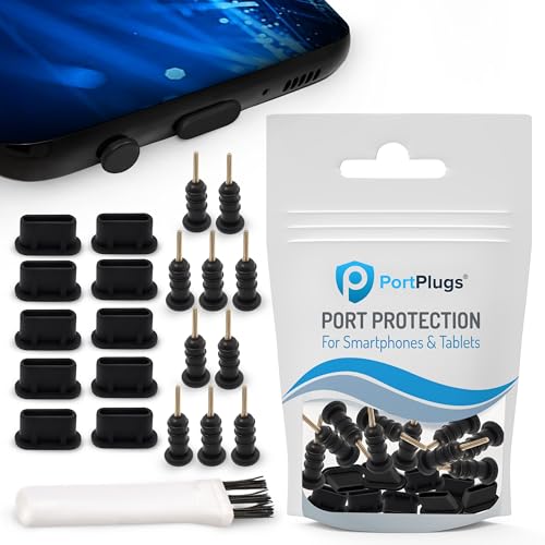 PortPlugs USB-C Dust Plugs & Headphone Jack Protectors for Samsung, Android, MacBooks, Laptops & Tablets – Type-C Charging Ports – Includes Cleaning Brush – Black (10 Pairs)