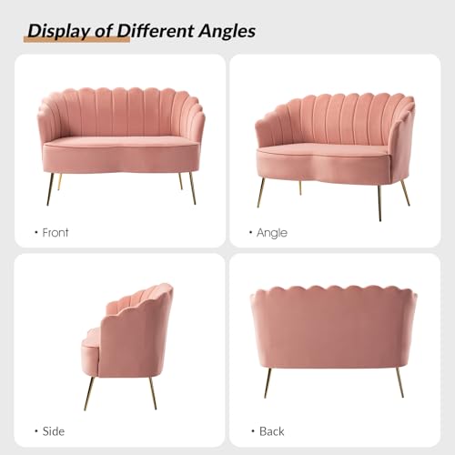 Image of HULALA HOME Velvet Loveseat Sofa with Gold Legs, Modern 2-Seater Sofa for Living Room Bedroom, Comfy Upholstered Small Love Seat Couch, Flower Shaped Back, Pink