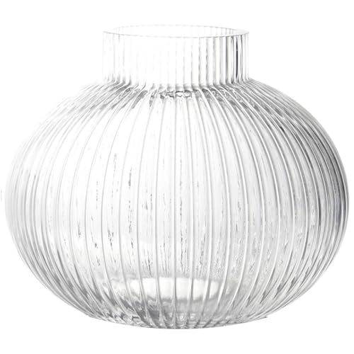 KAYLETIN Round Glass Vase, Flower Vases for Tulips, Ribbed Glass Vases for Flowers, Cute Clear Vase for Living Room, Dining Table, Office, Coffee Table, Mantal, Wedding, 16CM