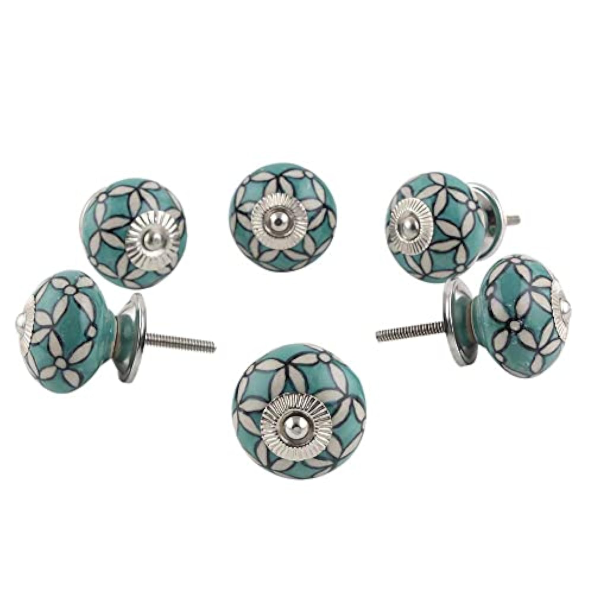 Pack of 6 Green Ceramic Round Drawer Knobs, Floral Design