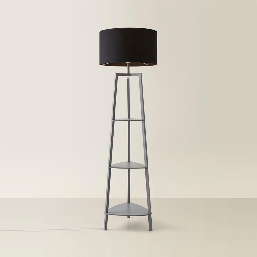 MiniSun | Grey Wooden 3 Tier Floor Lamp with Storage Shelves and Black Shade | Floor Lamps & Torchieres, Home Décor & Improvement Essential | Includes 6W LED E27 Light Bulb