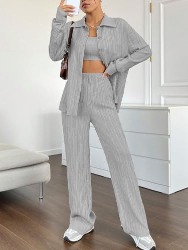 Image of Shasmi Women's 3-Piece Co-ord Set - Solid Button Front Shirt, Strapless Tube Top & Wide Leg Pants | Casual Loose Fit Western Outfit for Daily Spring /Fall Wear (Co-Ord-208)