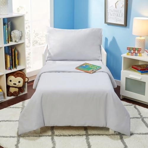 Image of EVERYDAY KIDS 4 Piece Toddler Bedding Set - Includes Comforter, Flat Sheet, Fitted Sheet and Pillowcase - Solid Grey