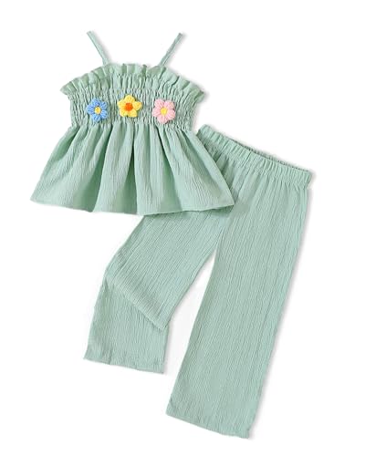 Doresbebe Toddler Girl Clothes Infant Outfits 12-18 Month Baby Girl Clothing Sleeveless Shirt with Flowers Long Pants Little Princess Summer Set Matching Spring Outfits 2Pcs Green