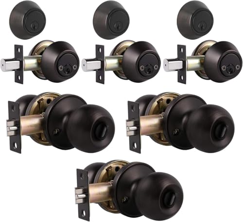 Brotima 3 Pack Exterior Door Knob and Deadbolt Set, Oil Rubbed Bronze Entry Door Lock Sets with Double Cylinder Deadbolt, Security Round Style Entry Door Knobs Deadbolt