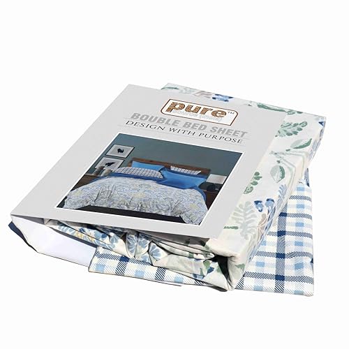 Image of Pure Source India Pure Cotton Elegance Bedding Set, Dreamy Cotton Comfort Double Bed Sheet with Pillow Covers (Pale Ivory Blue Marigold)