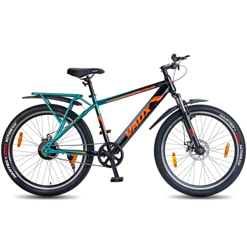 Image of Vaux Stallion-Pro 26inch Cycle for Men with Integrated Carrier IBC| 17 inch Steel Frame| Dual-Tone Colors| Dual Disc Brakes| 26 X 2.4 Nylon Tyres| Front Suspension| Single Speed(Green-Black)