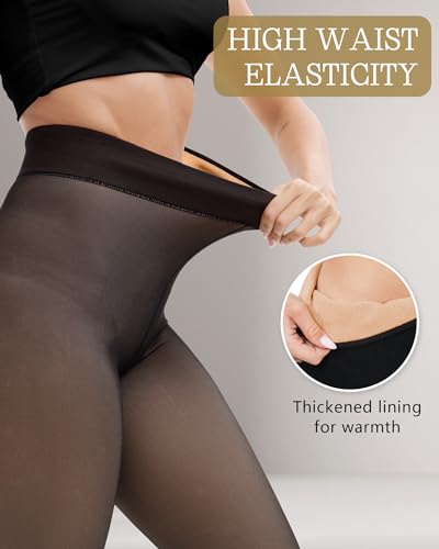Image of HONGTEYA 2 Pairs Fleece Lined Tights Women - Warm Sheer Pantyhose Fake Translucent Tights Winter Thermal Leggings