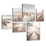 WENGTIAO 6 Pièces Beige Paysage Tableau Decoration Murale Encadré Toile Peinture Plage Côtière Pont en Bois Roseaux Fleurs Decoration Murale Salon Maison Deco Chambre