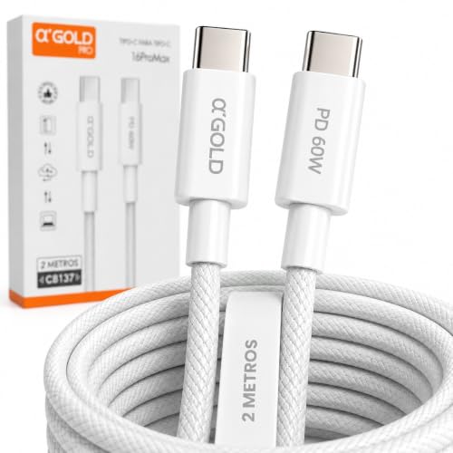 Cabo USB-C Tipo C 2 Metros 60W Carregamento Rápido Turbo PD, USB-C para USB-C Nylon Trançado Reforçado, Carga e Dados, iPhone 15/16, Samsung, Xiaomi, Motorola, iPad e Notebook