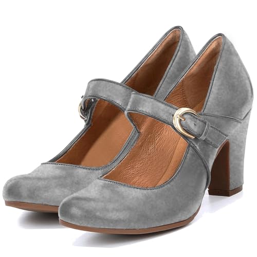 Image of SHODENSE Women Vintage Chunky High Heel Mary Jane Shoes Round Closed Toe Ankle Strap Dress Sandals 3 inch Block Heels Mary Jane Lolita Pumps Two-Toned Patchwork Buckle Office Lady Wedding Retro 4-11 M US