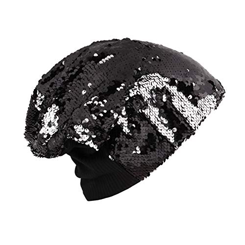 Eilova Orityle Women Glitter Slouchy Beanie Hat Reversible Sequins Trubans Baggy Skull Cap Hats Black #TOP1