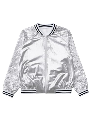 Kids Girls Sparkly Long Sleeve Jacket Hip Hop Dance Outfits Metallic Outerwear for Disco Party Fancy Dress Up3