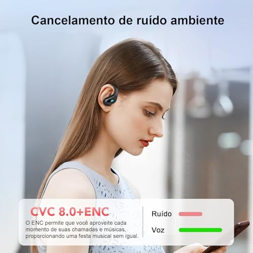 Fones de ouvido sem fio Bluetooth 5.3, fones de ouvido estéreo com graves e ganchos, reprodução de 8