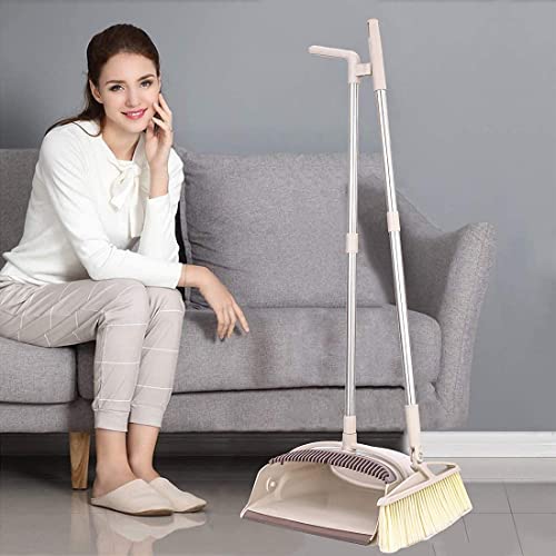 Image of ROUMYKS Broom and Dustpan Set Stand Up Broom Head and Dust Pan Combo, Remove Hair with Built-in Wisp Scraper - Kitchen, Outdoor, Hardwood Floor (Beige)