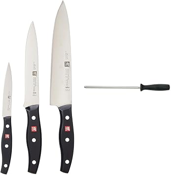 ZWILLING Twin Signature 3-pc German Knife Set, Razor-Sharp, Made in Company-Owned German Factory & HENCKELS Fine Edge Pro Sharpening Steel, 9-inch, Black/Stainless Steel