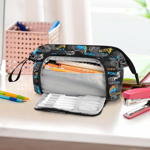 Image of Monster Truck Print Pencil Case Pouch Big Capacity Pencil Bag Box Organizer Pen Case with Compartmens Stationery Organizer for Girls Boys Women School College Office
