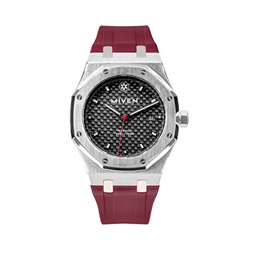 MIYEN MUNICH Reloj Monaco para hombre – Esfera de carbono con mecanismo de cuarzo Miyota de precisión con cristal de zafiro y función de fecha, reloj plateado para hombre, Correas