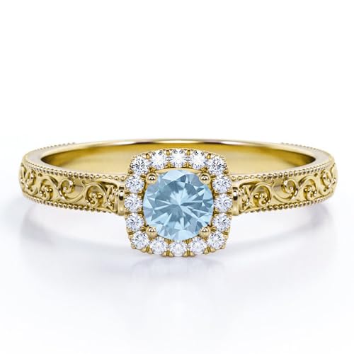 Aihpos 1ct 1.5ct 2ct Aquamarine Engagement Ring - Round Aquamarine Rings for Women White Yellow Rose 10K 14K 18K Gold 925 Sterling Silver with Moissanite Aquamarine Proposal Ring4