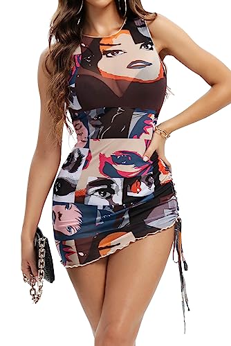 Image of ABMOIU Sexy Mini Print Mesh Dress for Women, See Through Sleeveless Stretchy Bodycon Short Summer Dresses