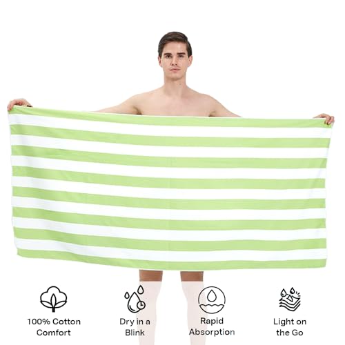 Large Quick Dry Microfibre Beach Bath Towel for Adult,Double Sides Green White Striped Sand Free Beach Towel with Bag,Lightweight Gym Yoga Sports Towel,Compact Travel Summer Beach Towel for Women Men - Image 3