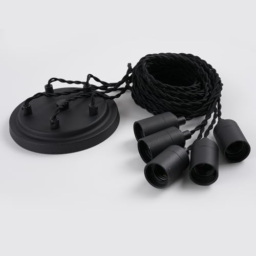 JIAHUA 5Lights Black Industrial Pendant Light Fitting,Multiple Spider Ceiling Pendant Lamp Chandelier with Adjustable 3M Twisted Braided Cable E27 Lamp Holder