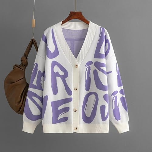 Image of Women's Knit Long Sleeve Open Front Cardigan V-Neck Button Down Letter Pattern Sweater Coat Outwear