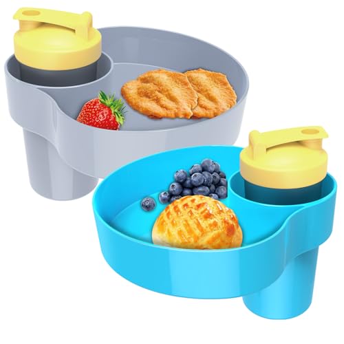 Image of OMYPOTT 2PCS Kids Car Seat Snack Tray, Travel Tray for Kids Car Seat with Cup Holder, Toddlers Road Trip Essential Travel Snacks Food Plate for Stroller, Safety Seats (Blue+Gray)
