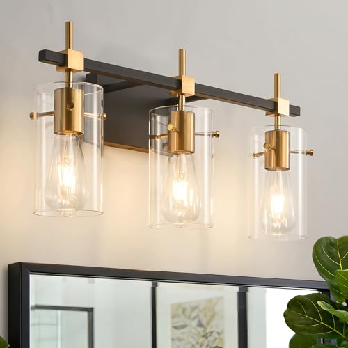 SOLFART Vintage Vanity Lights Bathroom Light Fixture Over Mirror for Bath Glass Shade Light Black and Brass Modern Style 3 Lights