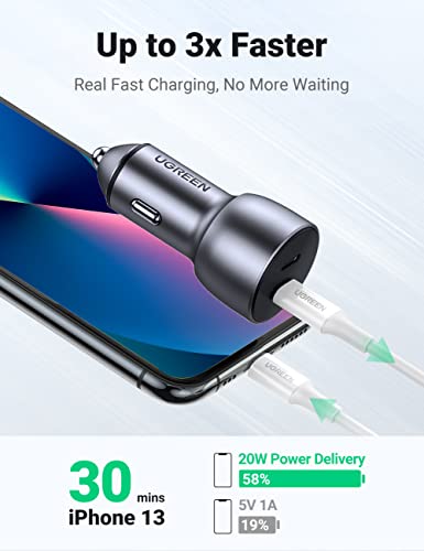 Image of UGREEN 50W Dual USB C Car Charger, PD 30W 20W PPS 25W, LED Light, Aluminum Alloy, Compatible with iPhone 17 /16 /15 /14 /13, Galaxy S25 Ultra /S24 /S23 /S22, Pixel 10 /9, iPad, MacBook