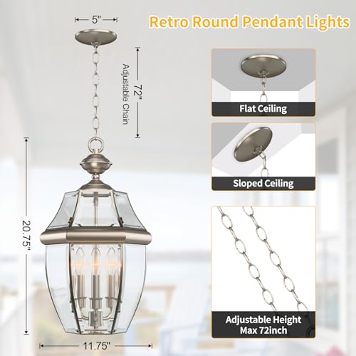 Image of Large Outdoor Pendant Light Fixture 3-Light, 20in Modern Silver Outdoor Chandelier Hanging Porch Light, Metal Exterior Ceiling Mount Hanging Lantern with Clear Glass for Front Door, Entrance, Gazebo