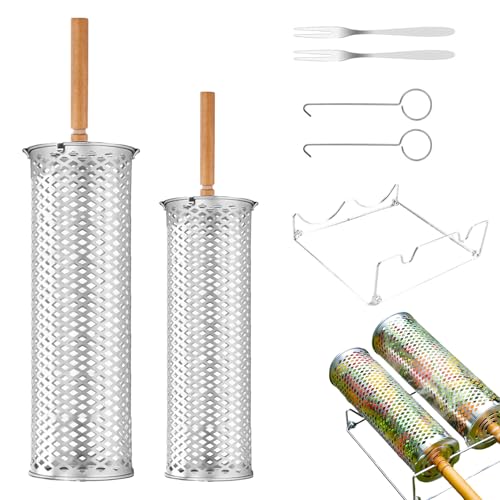 Cesta para barbacoa con ruedas | Red de Parrilla Giratoria Portátil de Acero Inoxidable con Mango de Madera | Cesta de Barbacoa para Verduras y Carne - para Hombres, Padres, Abuelos, Familia y Amigos
