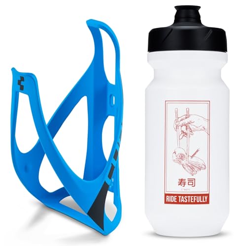 Cube HPP Cage - Matte Blue/Black & Flow Bottle - White, 500ml /Water Drink Flask Vessel Bidon Holder Mount Bracket Kit Lightweight Plastic Drinking Hydration Biking Bike Riding Frame Accessories
