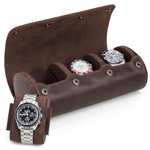 Genuine Leather Watch Roll with 3 Slots Organizer