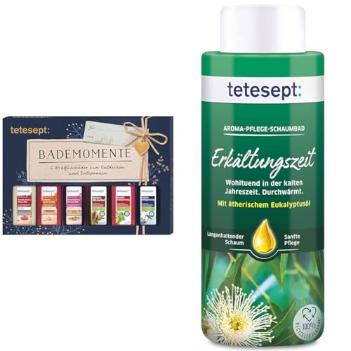 tetesept Bäder Geschenkset Bademomente – Badezusatz Probierset mit Geschenkanhänger & Aroma-Pflege-Schaumbad Erkältungszeit - Badezusatz mit ätherischem Eukalyptusöl