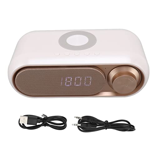 Fockety Radio Despertador Digital, Radio Despertador de Carga Inalámbrica con Altavoz Bluetooth y Auxiliar, Llamadas Manos Libres, Puerto de Carga USB, para Dormitorio (Spray Blanco Oro