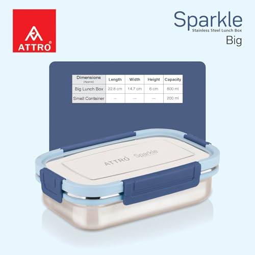 Image of ATTRO Sparkle Big Stainless Steel Lunch Box 2-Piece Set - 900ml + 200ml - Leak-Proof, BPA-Free, Compact & Durable - Ideal for Kids, Office, Travel - Blue