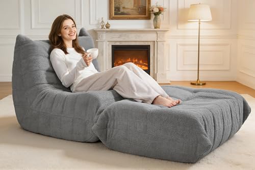 Image of Bean Bag Pouf Ottoman, Foot Stool, Foot Rest with Memory Foam Filled, Rectangle Ottoman for Living Room, Bedroom, Office, Lightgrey Teddy