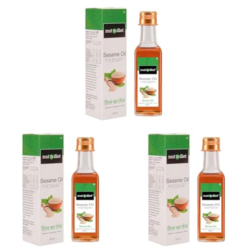 Image of nutndiet Cold Pressed Sesame Oil | White Sesame Til Ka Tel | 100ml Glass Bottle | Pure & Natural | Ideal for Cooking, Massage, Hair & Skin Care | Cold Press White Til Oil (Pack of 3)