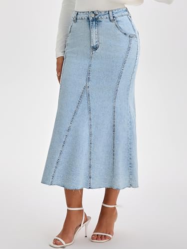 Womens Fishtail Long Jean Skirt High Waisted Casual Stretchy Fit and Flare Midi Denim Skirts2