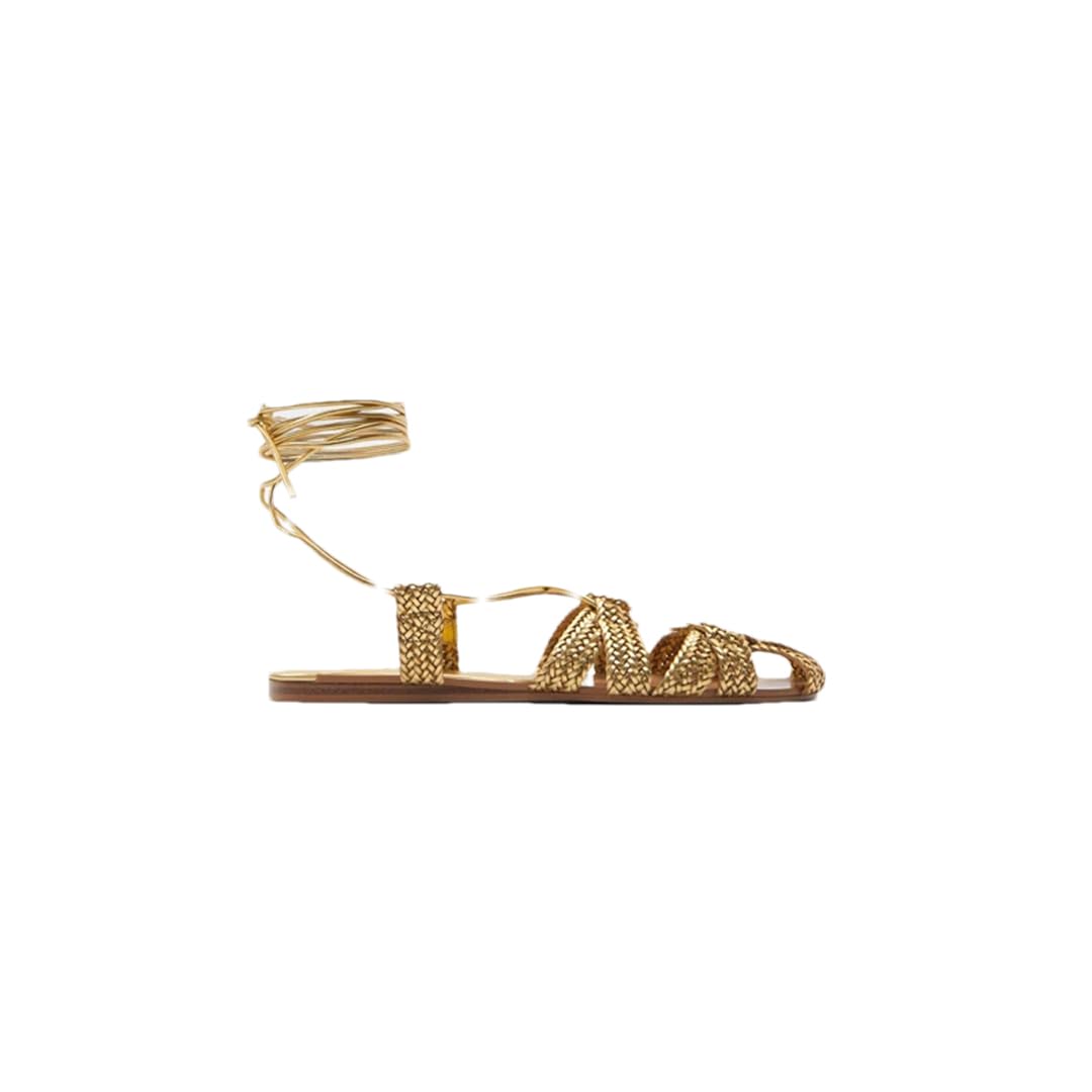 Sandalias bohemias con cordones para mujer, con correa de tobillo, tacón plano, con abertura lateral, tejidas, para vacaciones, informales, de verano