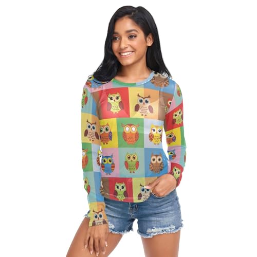 Cartoon Owl Checkered See Through Tops for Women Mesh Sheer Tops Long Sleeve Women Blouse Zipper Handle Beach Camping Swimming Pool Size M