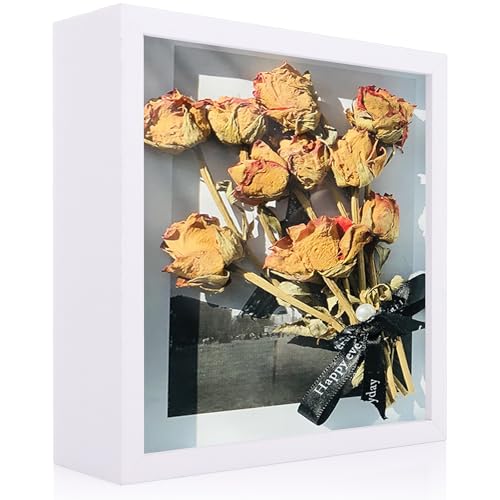 ASelected 3D Shadow Box Frame 8X8 Inch,White Deep Picture Frame,Deep Frame Display Box With Glass For Objects Photos, Crafts, Souvenir, Baby Items,Flowers,Medals,Tickets,For Wall Hanging Or Desktop