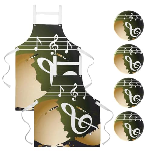 Lot de 2 tabliers de cuisine avec 4 broches motif musique rétro multicolore