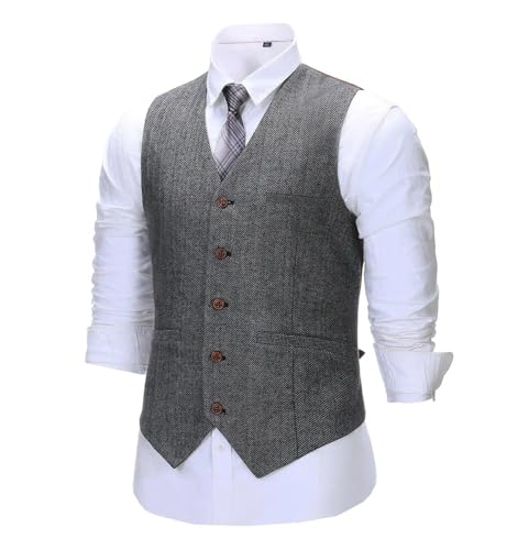 Men's Tweed Slim Fit Casual Suit Vest Business Wedding Groom Solid Color Vest Top