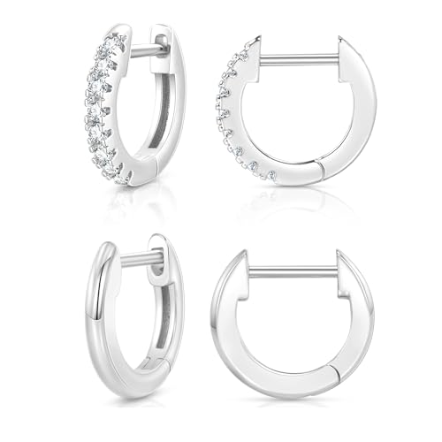 DAILI Small Silver Hoop Earrings,Hypoallergenic 2 Pairs Small Surgical Stainless Steel Cubic Zirconia Huggie Hoop Earrings Set for Women,Lightweight Helix Cuff Earrings for Multiple Piercing 10mm