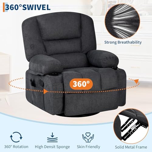 Image of Oversized Manual Swivel Recliner Chair for Adults, 360 Swivel Rocker Glider with Vibration Massage & Heat, Extra Wide Chenille Fabric Lazy Chair for Living Room Bedroom, Black Chenille
