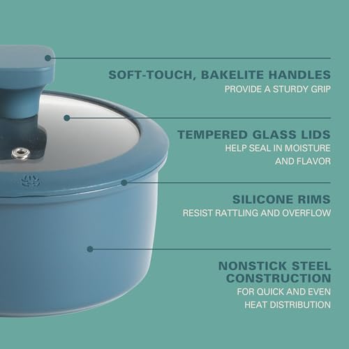Image of Gibson Home Helensburgh 7-Piece PFA-Free Ceramic Nonstick Carbon Steel Cookware Set - Blue Pots and Pans with Glass Lids, Saucepan, Dutch Oven, Fry Pan