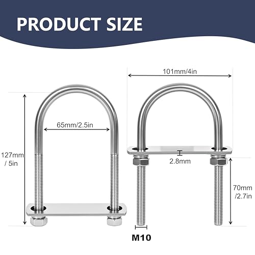 Image of 8 Sets M10 U-Bolts,u-Bolts 2.5 inch (65mm) Wide,U-Bolts with Nuts